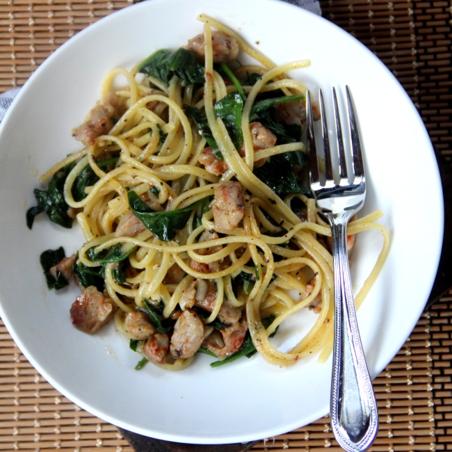 Fettucine With Garlic, Parmesan, Spinach, Mushroom, And Sausage Or Yanna